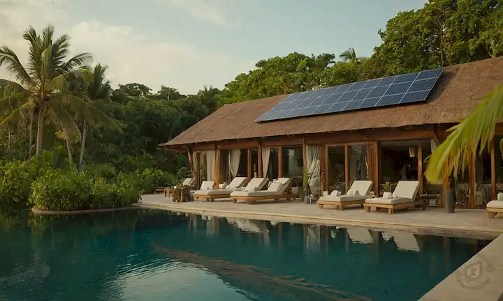 Hotel junto a la playa con paneles solares en la azotea, vegetación alrededor de la piscina, personas que disfrutan de cócteles a orillas del agua, opciones de transporte ecológicas disponibles, entorno natural con un impacto humano mínimo, diversidad de fauna visible, arquitectura sostenible