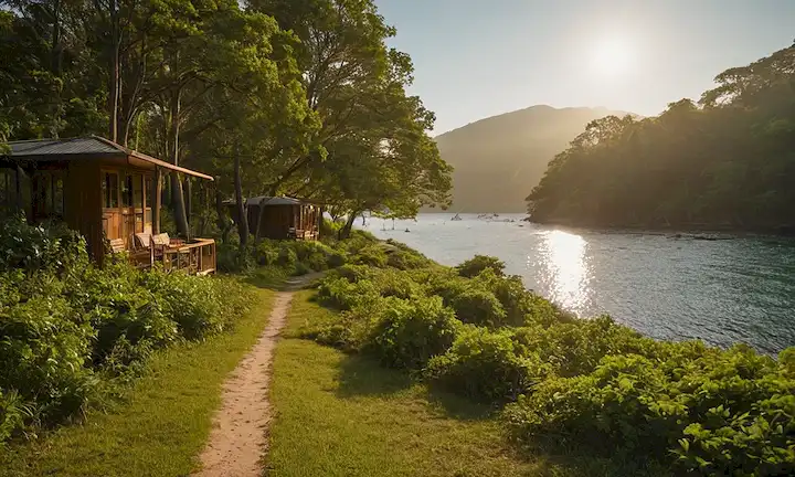 Un entorno natural sereno, como un bosque o playa, con vegetación exuberante, agua tranquila y fauna silvestre; un edificio hotel subtly integrado en el medio ambiente; la luz del sol tibia arrojando largas sombras; personas que disfrutan de actividades al aire libre como senderismo o kayak, destacando la armonía con la naturaleza; quizás algunas prácticas sostenibles que se implementan, como paneles solares o cubos de reciclaje