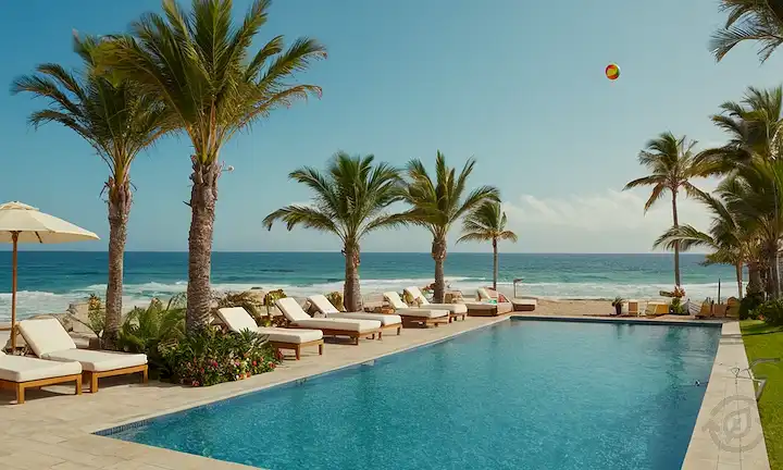 Verde, sol, paneles solares, turbinas de viento, piscina de hotel, bola de playa, palmera, tumbonas relajantes, olas oceánicas, gaviotas volando alto, sostenibilidad en acción