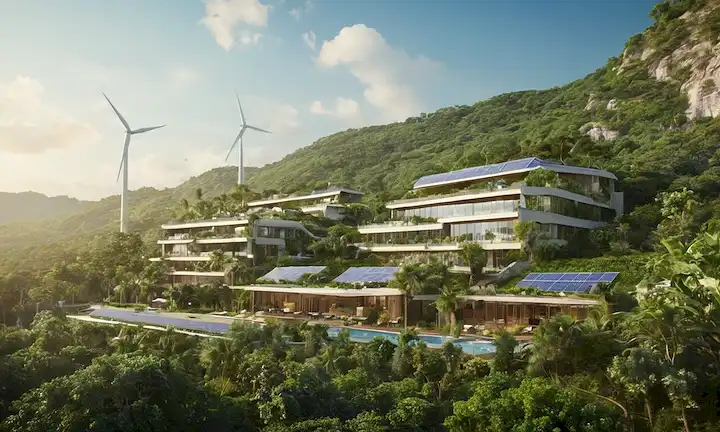 Hotel verde exterior con paneles solares, turbinas eólicas y iluminación eficiente en energía, rodeado de vegetación exuberante y hábitats naturales para la vida silvestre, con una mezcla de arquitectura moderna y elementos de diseño ecológico, que transmiten sostenibilidad y conservación