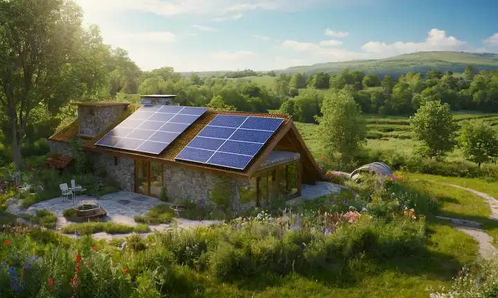 Un sereno hotel ecológico rodeado de exuberante vegetación, un prado soleado con flores silvestres, árboles y una corriente de viento, un nido de aves o una mariposa encaramada en una hoja, una matriz de paneles solares, turbinas de viento, contenedores de reciclaje, pilas de compostura, y prácticas agrícolas sostenibles