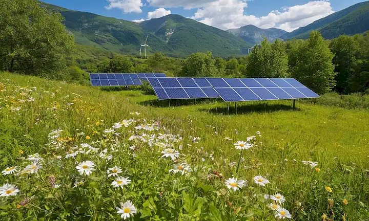 Bosque verde con árboles y flores silvestres, paneles solares o turbinas eólicas en el fondo, edificio hotelero sostenible en la distancia, fauna diversa como aves, mariposas, abejas o ciervos, cubiertas de vegetación o paredes, exuberante follaje en un trellis o un jardín, paisaje natural como montañas, ríos o lagos