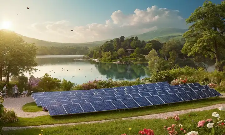 Verde sostenible, hotel ecológico, gente que relaja al aire libre, árboles con paneles solares, mariposas cerca de las flores, un sereno fondo lago, aves en vuelo, y un cielo soleado cálido