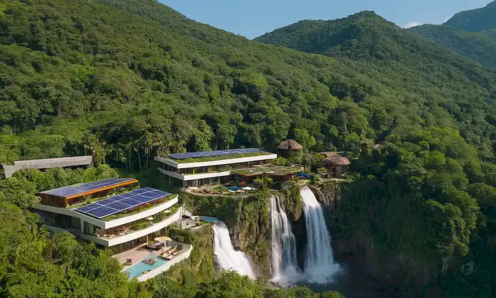 Hotel 3D rodeado de exuberante vegetación, árboles y vida silvestre, con paneles solares y turbinas eólicas generando energía limpia, prácticas sostenibles siendo implementadas en el fondo, habitaciones ecológicas con contenedores de reciclaje, residuos mínimos y uso responsable del agua, un paisaje escénico natural con divers<center><img data-lazyloaded=