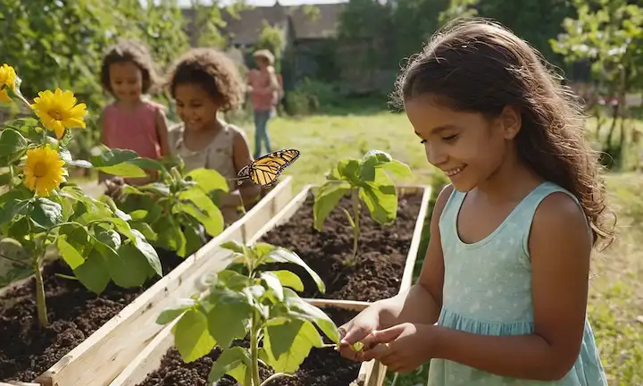 Un vibrante collage de diversos niños, caras sonrientes, grupos de edades mixtas, actividades prácticas, entorno natural, árboles frutales, huertos, pilas de compost, mariposas, abejas, flores, luz solar y entornos urbanos