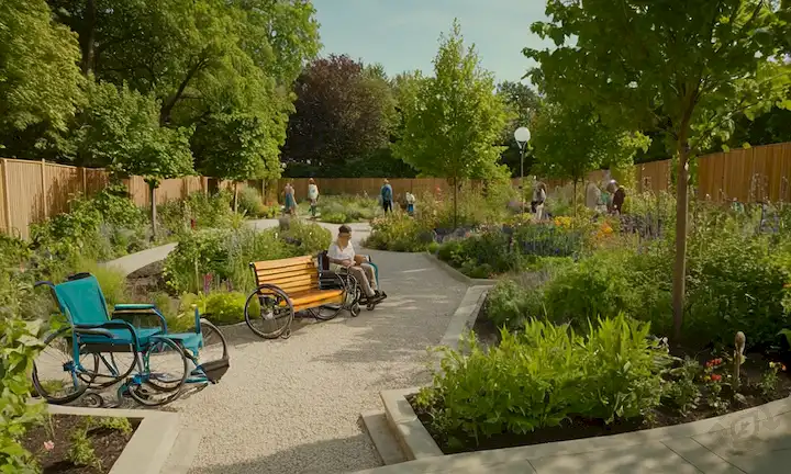 Jardín colorido con diversas plantas, niños jugando en medio de vegetación, caminos accesibles para sillas de ruedas, bancos para socializar, signos educativos, y herramientas de jardinería urbana, destacando la inclusividad, el bienestar y la sostenibilidad