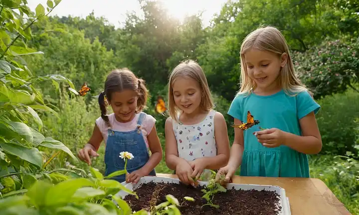 Niños rodeados de vegetación exuberante, caras sonrientes, manos tocando suelo, semillas brotando, árboles frutales en floración, jardinería comunitaria, plantas diversas creciendo, mariposas fluttering, abejas coleccionando néctar, sol brillante, colores vibrantes, belleza natural, niños felices aprendiendo