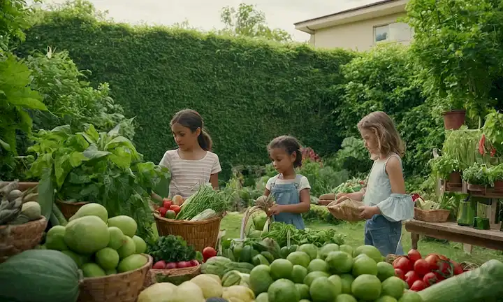 Niños rodeados de vegetación exuberante, herramientas de jardinería y productos frescos, en medio del contexto urbano, destacando la conexión entre la naturaleza, la educación y la vida sostenible