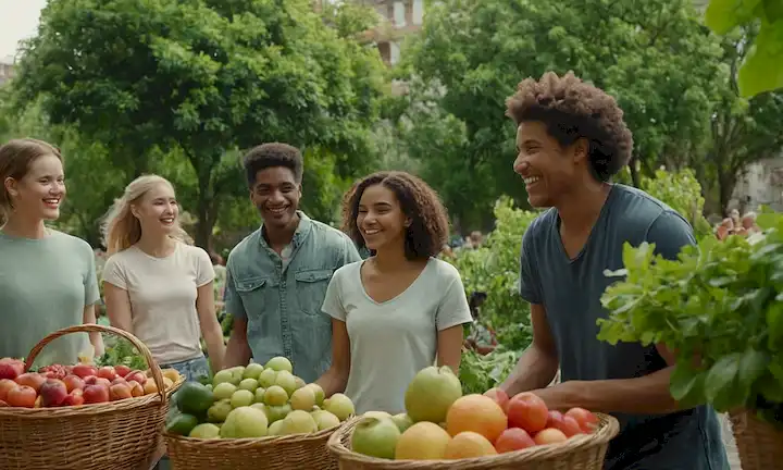 Un grupo diverso de estudiantes, sonriendo y riendo, rodeado de vegetación exuberante, árboles frutales y flores, con canastas<center><img data-lazyloaded=