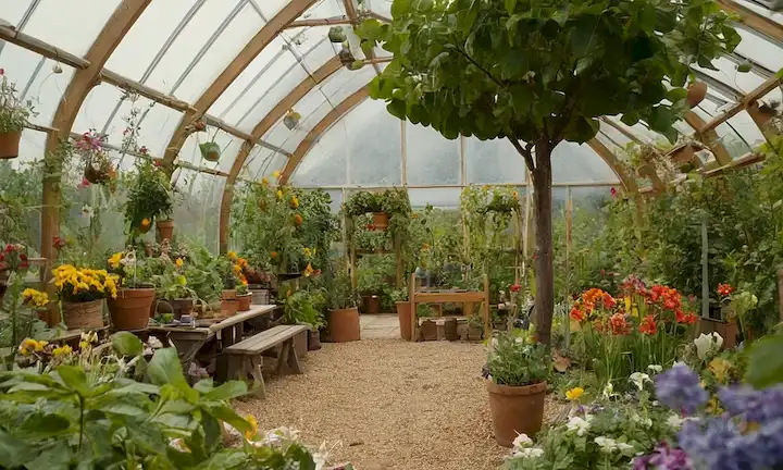 Greenhouse, ramas de árboles, flores coloridas, mariposas, abejas, jardín urbano, paneles solares, materiales reciclados, frutas orgánicas y verduras, niños jugando, herramientas de jardinería, texturas terrenales, luz natural, exuberante follaje, colores vibrantes, atmósfera lúdica