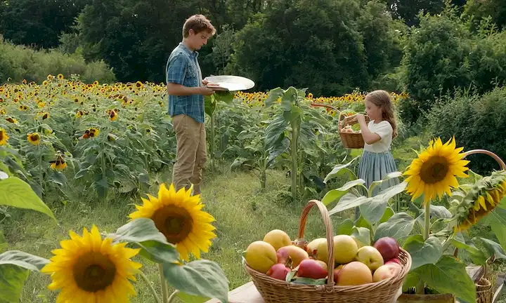Un jardín lleno de flores vibrantes y vegetación exuberante, estudiantes que tienden a cosechar, un granjero cosechando productos frescos, un plato de fruta colorida, niños que aprenden alrededor de una mesa, canastas de verduras maduras, abejas que recogen néctar de girasoles, mariposas que brotan entre flores, un cielo soleado encima