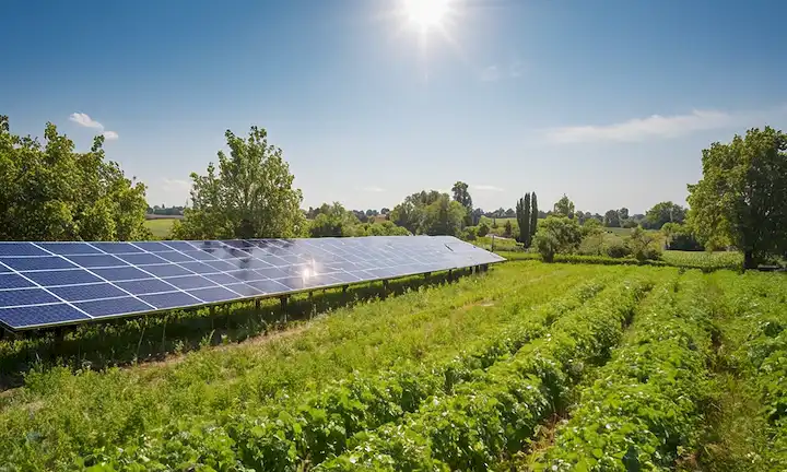 Un prado soleado, exuberantes árboles verdes, un cielo azul claro, paneles solares en tejados, sistemas de riego impulsados por energía solar, agricultores que tienden a cosechar, un sentido de crecimiento y abundancia