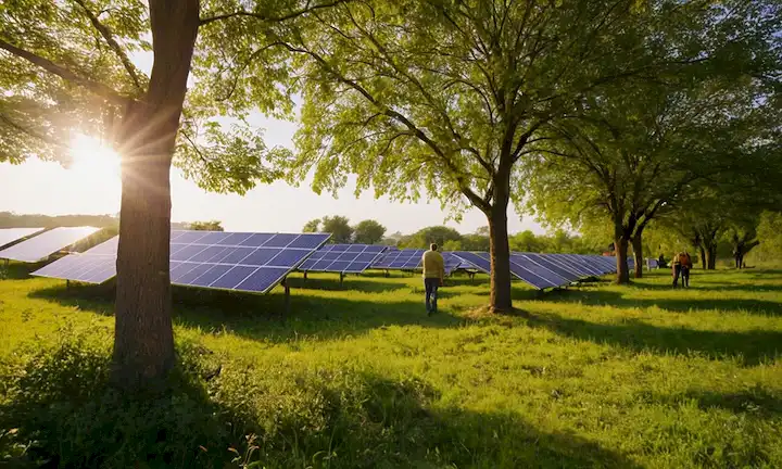 Árboles picados por el sol, exuberante vegetación, paneles solares, paisaje natural, colores cálidos, personas trabajando juntas, concepto de energía sostenible, armonía ambiental, ambiente ecológico, cooperación comunitaria, flora y fauna diversa