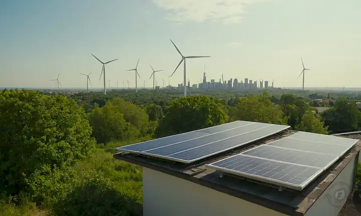2-3 paneles solares instalados en una azotea, con un soleado fondo de cielo, unos pocos árboles y vegetación cerca, y un paisaje urbano en la distancia, con un toque sutil de turbinas de viento o granjas solares