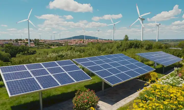 Un soleado paisaje urbano con tejados cubiertos de vegetación, paneles solares instalados en fachadas de construcción, y exuberantes jardines llenos de flores florecientes y abejas zumbidas, rodeados de cielo azul y nubes blancas, con algunas turbinas eólicas o árboles solares dispersos alrededor