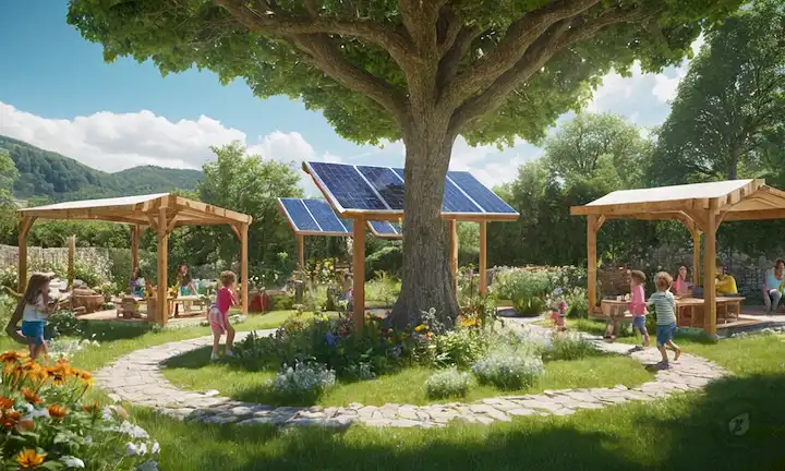 3D ilustración de un prado soleado, frondosos árboles verdes con paneles solares integrados en sus troncos, cielo azul con nubes blancas suaves, niños sonrientes jugando bajo un cañón de hojas generadoras de energía, características de agua de energía solar, flores vibrantes que florecen alrededor de los bordes, paredes de piedra natural, cercas de madera rústicas