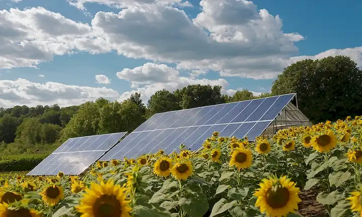 Girasoles, invernaderos, paneles solares, jardines, árboles frutales, aprendizaje infantil, plantación de manos, cosecha de agricultores, paisaje rural, cielo azul, nubes, sol