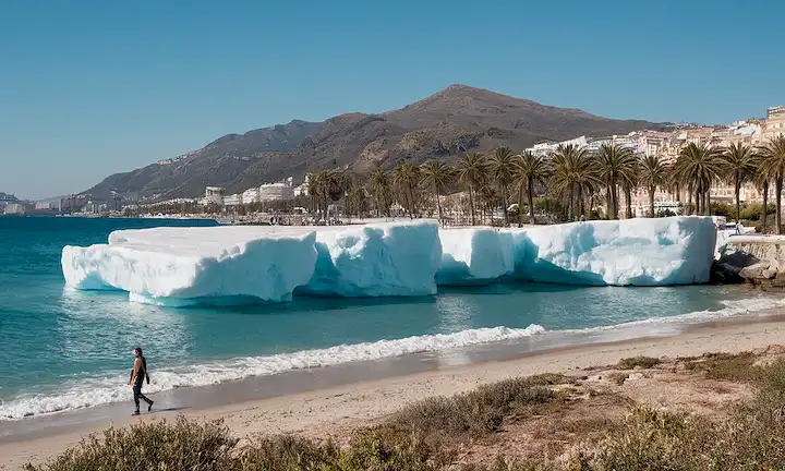 Persona de pie en una playa con icebergs flotando en el agua rodeada de palmeras y elementos oceánicos. Puede interpretarse como una atracción hacia la preservación de la naturaleza o un comentario crítico sobre cuestiones ambientales. (Justificación – la responsabilidad individual en la lucha contra el cambio climático está incluida en referencia responsabilidad ambiental, mientras que Igloo de 2 toneladas con marco papiroflex en Málaga: ¿Atracción turística o arpiller al cambio climático?, podría considerarse como un ejemplo de posible respuesta humorística o irónica que aborda el cambio climático.)