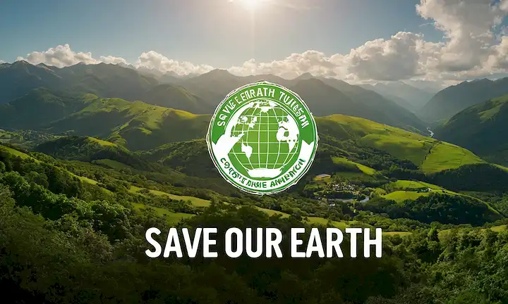Protección ambiental mediante el turismo sostenible y sensibilización sobre el cambio climático en la pantalla. En el fondo, el logo Save Our Earth, rodeado de montañas verdes.