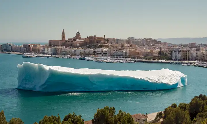 Gran iceberg exhibido en frente de paisaje urbano o atracción turística, con el texto Climatic Change superpuesto en una escala que indica volumen en la ciudad de Málaga. Esto podría provocar una discusión sobre la conservación ambiental y cómo estos eventos pueden atraer turistas.