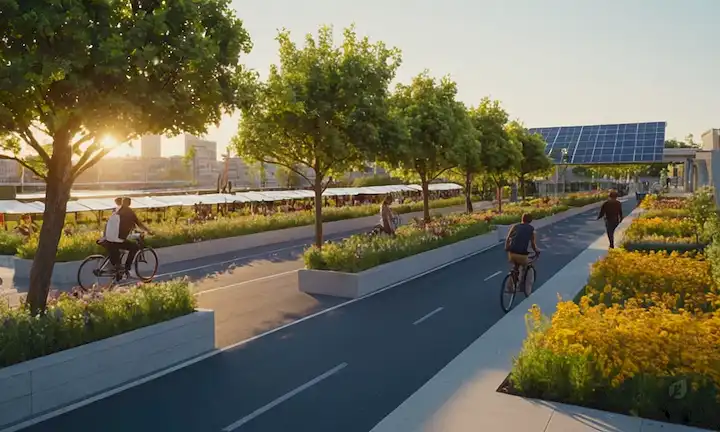 Edificios cubiertos por vegetación, bicicletas y peatones que comparten espacio, paneles solares en tejados, espacios verdes con árboles y flores, coches eléctricos o híbridos aparcados junto con centros de transporte público, un paisaje urbano al atardecer o al amanecer con un cielo azul claro, conceptos de planificación urbana sostenible en acción, elementos naturales entrelazados con infraestructura