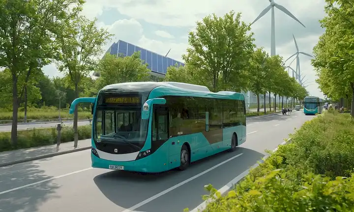 Un vibrante paisaje urbano con vegetación y arquitectura moderna, autobuses eléctricos que se mueven por caminos limpios, personas caminando o ciclismo en un entorno seguro, paneles solares o turbinas eólicas generando energía en el fondo