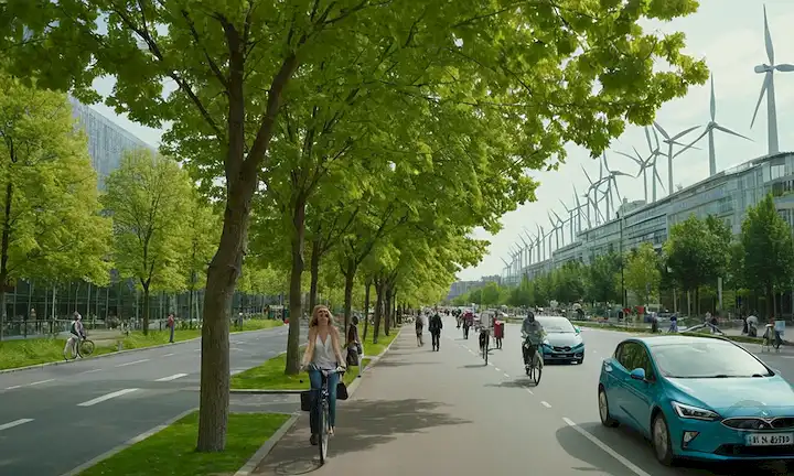 paisaje urbano verde, bicicletas en carretera, peatones caminando, coches eléctricos cond<center><img data-lazyloaded=