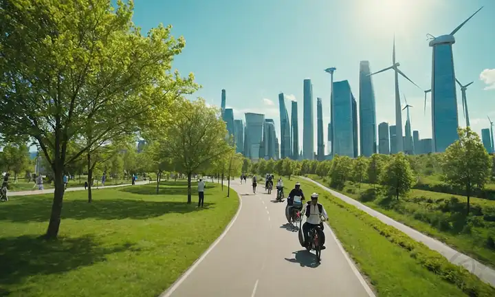 Paisaje urbano verde con paneles solares, turbinas de viento, vehículos eléctricos, gente caminando y ciclismo, parques exuberantes, y un cielo azul con aire limpio, con un ambiente futurista y mínima contaminación