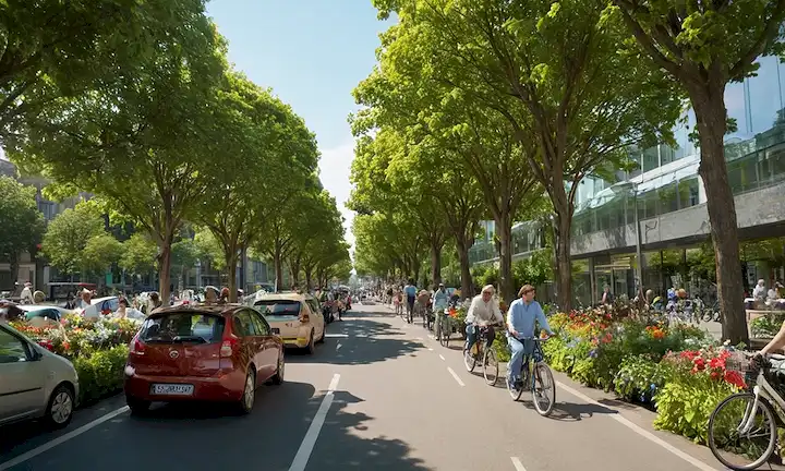 Paisaje urbano cubierto de vegetación