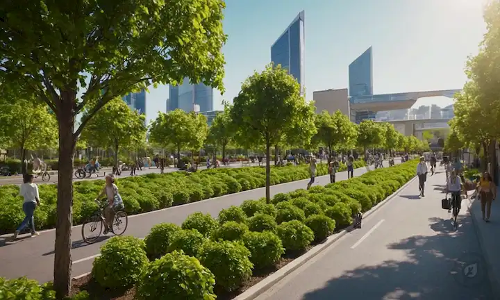 Paisaje urbano verde con coches eléctricos, bicicletas y peatones, paneles solares en tejados, árboles plantados a lo largo de las calles, personas sonriendo y disfrutando de espacios públicos, sin contaminación o emisiones, cielos azules, sol brillando, paisaje urbano transformado en un refugio sostenible, ambiente futurista pero natural