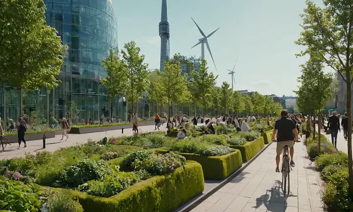 Paisaje urbano lleno de vegetación, modos de transporte sostenibles, estaciones de bicicletas, autobuses eléctricos, paneles solares, turbinas eólicas, edificios ecológicos, techos verdes, parques y jardines, gente caminando, ciclismo o utilizando transporte público, vehículos de baja emisión, árboles y plantas, espacios verdes urbanos, urbanismo con sostenibilidad en mente