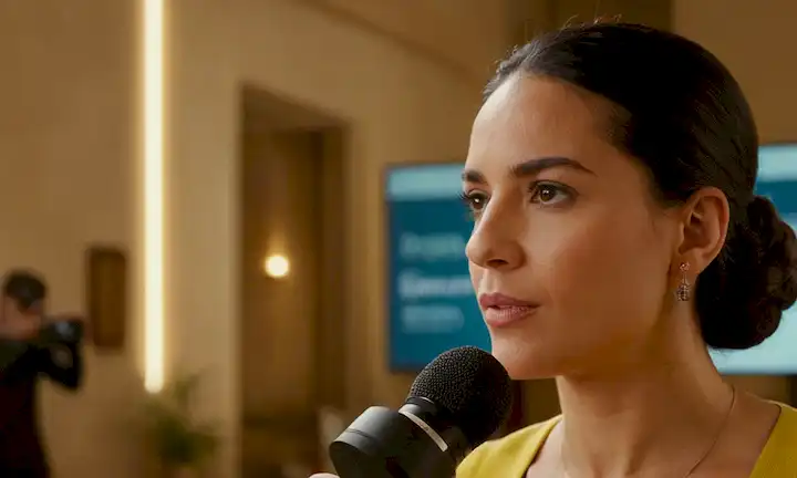 Mujer narrando video en español sobre empresarias que rompen fronteras y tienen un impacto social en redes globales, con fotos de cámara que muestran diversas áreas como finanzas, entretenimiento, tecnología, caridad.