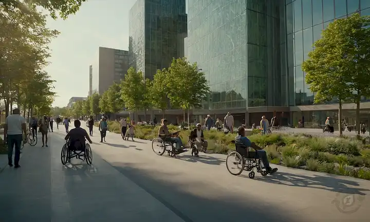 Edificios 3D con diversas personas, rampas de silla de ruedas, símbolos de accesibilidad, fuentes de energía sostenibles, trabajadores de construcción y elementos de infraestructura inclusivos como carriles de bicicleta, arte público y espacios verdes