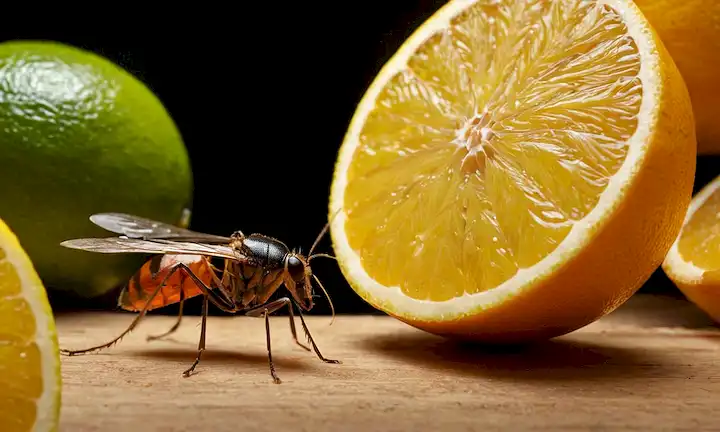 Frutas cítricas y varias plagas (mosquitos, hormigas, cucarachas) con insecticidas caseros.