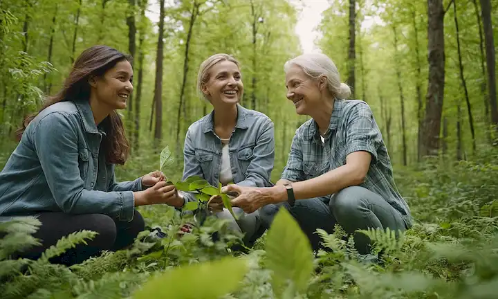 Personas en un bosque con árboles, turbinas eólicas, paneles solares, vegetación, sonrientes, diversas edades, trabajando juntos, manos sosteniendo hojas, rodeadas de naturaleza