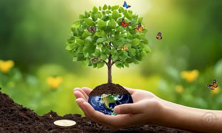 Greenería 3D, diagramas de crecimiento, libros financieros, paneles solares, símbolo de reciclaje, plantación de árboles, manos con dinero, gotas de agua, globo, hojas, flores, abejas, mariposas, insectos, fondo natural