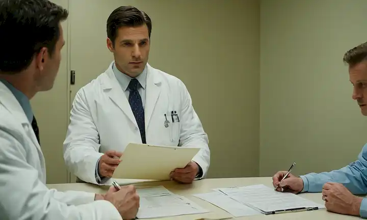 Person in white coat discussing medical procedures and legal aspects around lethal injections. Enmarcado en un contexto de documentos legales con equipo en instalaciones médicas, demostrando las complejidades de este debate.