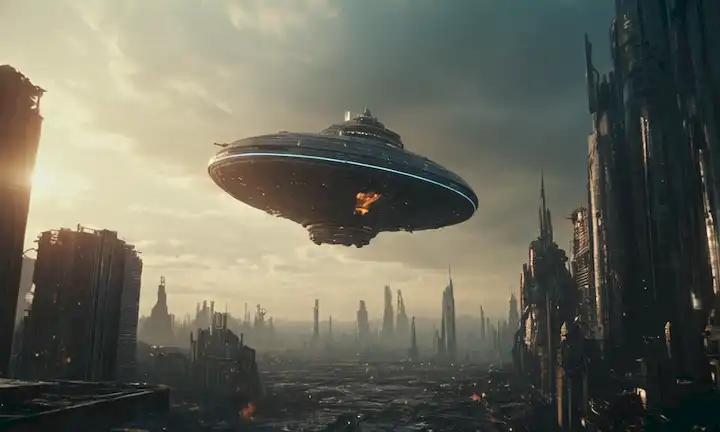 Nave espacial saliendo al cielo en un futurista apocalíptico. (Este script se toma directamente de su sentencia proporcionada.)