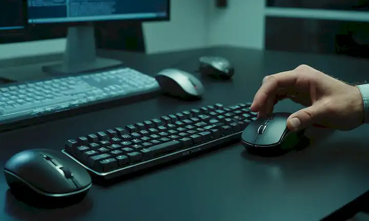 Experto técnico trabajando con las manos para presionar un ratón y teclado del ordenador. La cita sobre el progreso y la humanidad es visible en el fondo o dentro del espacio de trabajo.
