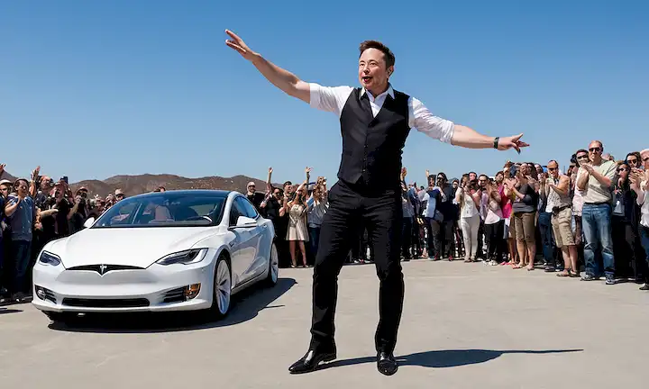 Elon Musk cantando y girando incómodamente frente a su exhibición de coches eléctricos Tesla. La leyenda sugiere humorísticamente que los logros de Elon Musks como CEO de SpaceX, Tesla y otras empresas no se extienden a bailar. Esta es una referencia a una obra de arte de Isaac Marcet donde muestra sarcásticamente Elon Musk realizando un ballet de recompensa con sus elegantes diseños de coches eléctricos.