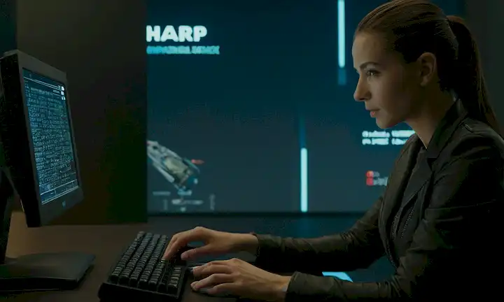 Persona sentada en un escritorio escribiendo palabras en una pantalla de computadora con un logotipo futurista en el fondo. El título de película aparece por encima de ellos, pero el enfoque sigue en su trabajo. Una voz-sobre habla sobre el futuro a través de la tecnología y cómo podría impactar la vida cotidiana.