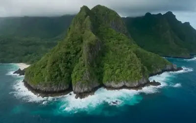 Vista aérea de las islas aisladas en medio de mares ásperos y exuberante vegetación.