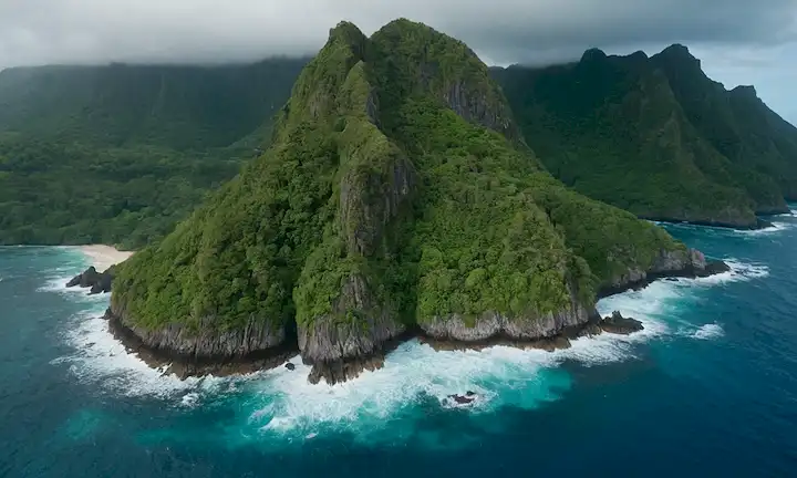 Vista aérea de las islas aisladas en medio de mares ásperos y exuberante vegetación.
