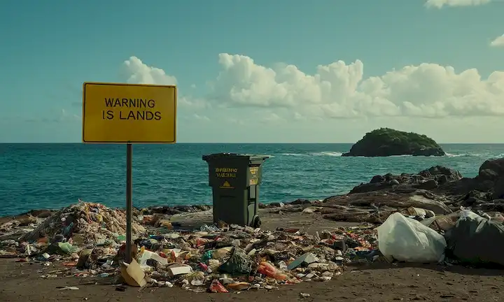 Un fondo marino lleno de basura con un signo de advertencia en primer plano, junto con imágenes de islas salvajes.