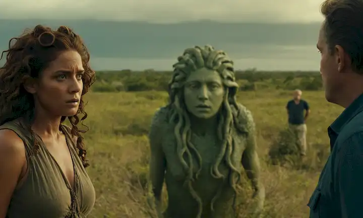 La criatura como Medusa se avecina en la distancia mientras que los lugareños hablan de peligro potencial y precauciones. También se presta asesoramiento en materia de seguridad.