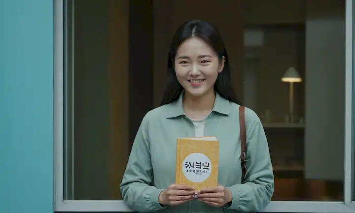 Las manos que sostienen un pequeño libro con el título coreano Mi Corea (묘) mostrado delante de ellos