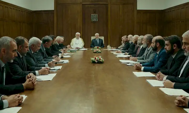 Dos individuos interreligiosos en los extremos opuestos de una mesa durante un prolongado debate, con cuerpos palestinos armados acostados en el suelo frente a ellos.