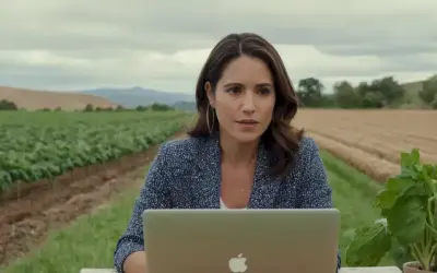 Mujer discutiendo apasionadamente la sostenibilidad junto con una escena agrícola en su portátil durante la reunión de Zoom de negocios