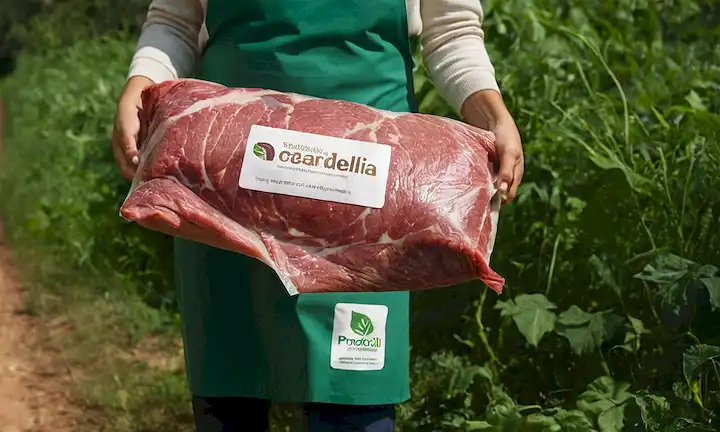 Los trabajadores que llevan ropa ecológica mientras llevan materiales reutilizables en un entorno verde. El texto PRODUCTIO viene directamente después del logotipo, con la frase SUSTENIBILIDAD EQUÍA CALIDAD como subtítulo. Por encima se trata de una fotografía de producto de un pedazo de carne con Joselito escrito en ella.