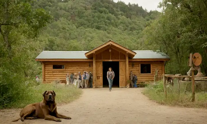 Compañero animal guardando con orgullo la entrada a un santuario eco-consciente y humano mientras un grupo de personas se reúnen alrededor. El texto presenta temas de bienestar, responsabilidad y sostenibilidad en las relaciones humanas-animales.